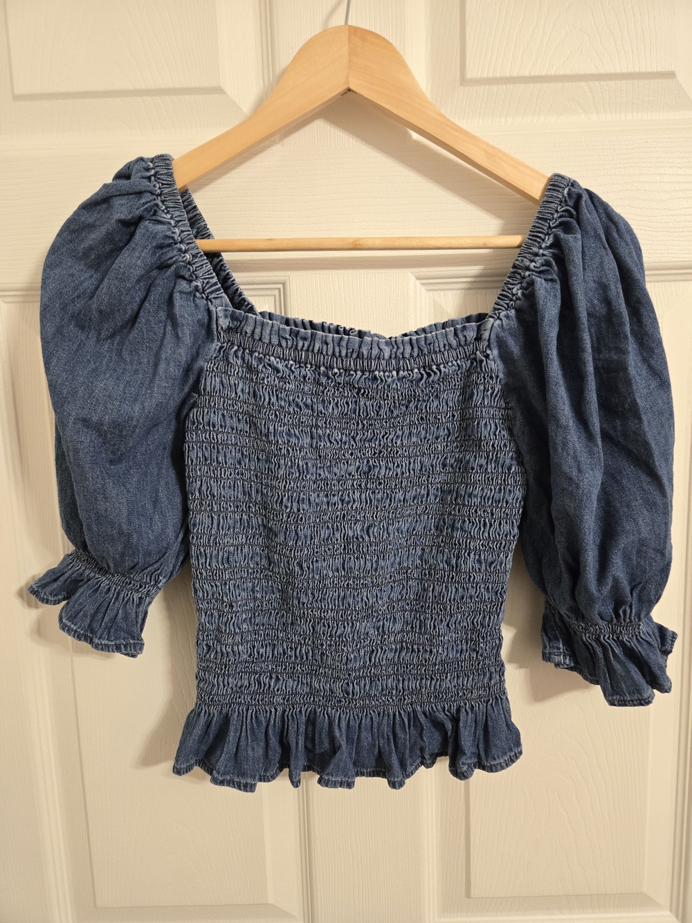 Gap Smocked Puff-Sleeve Denim Top - Blue Size XS